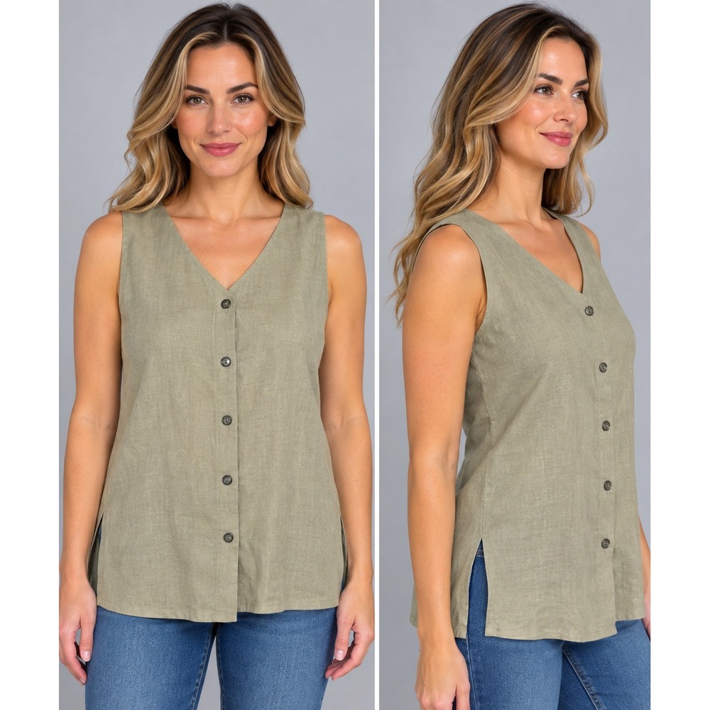 Valerie Stevens Womens 14 Tan Linen Sleeveless Button Front V-Neck Top Blouse